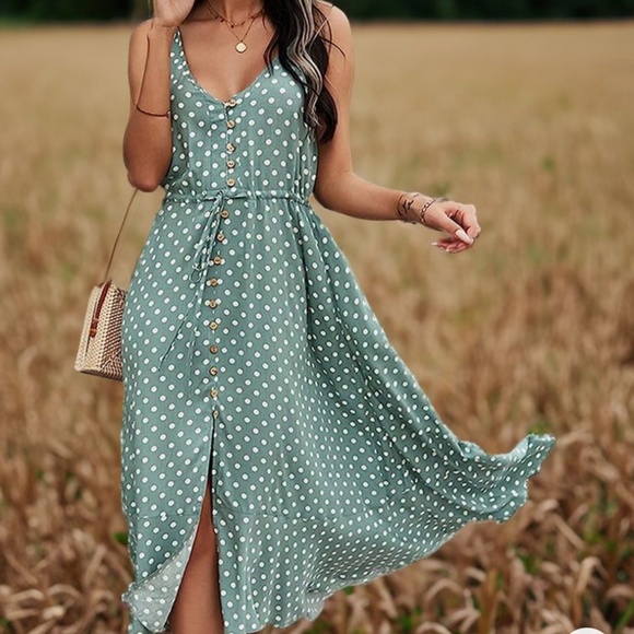 Mint Green Polka Dot Midi Button Through Dress Flared V-Neck - Picture 8 of 16